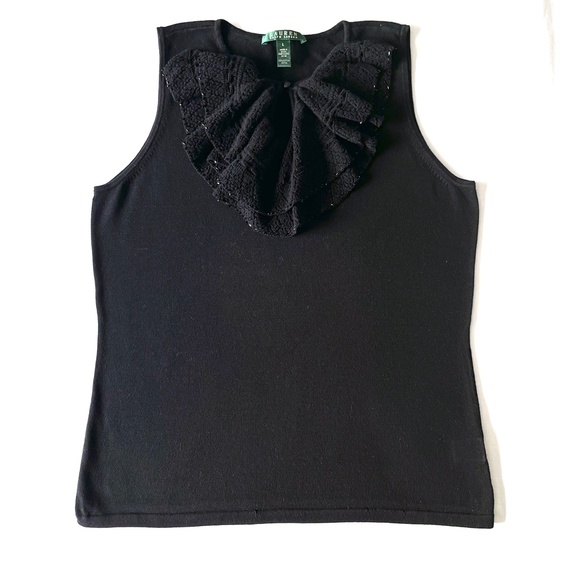 #8 Lauren Ralph Lauren Ruffled Sleeveless Black Top - Picture 3 of 7